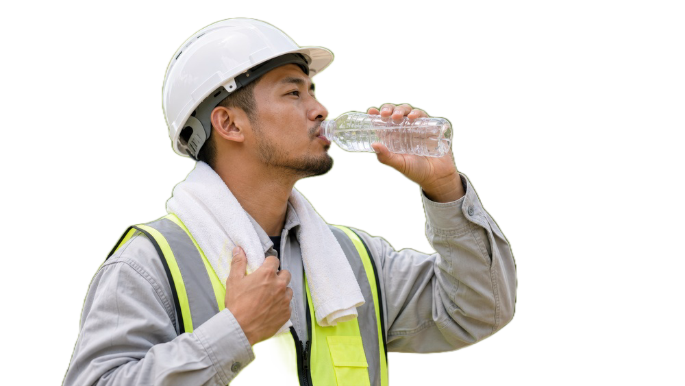 Construction worker in safety vest and hard hat drinks water to stay hydrated while working outdoors during hot summer weather