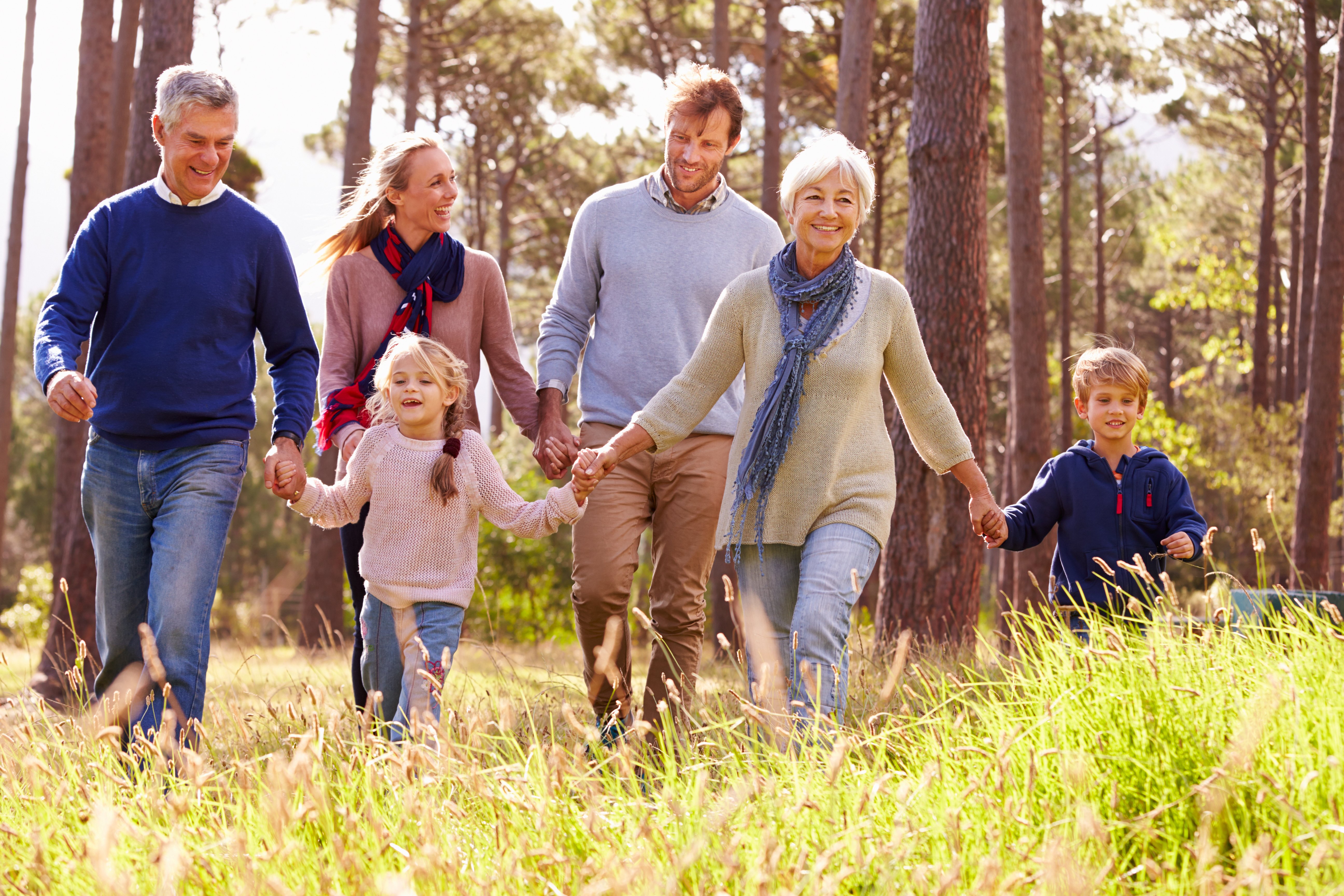 Large family have a walk in the woods