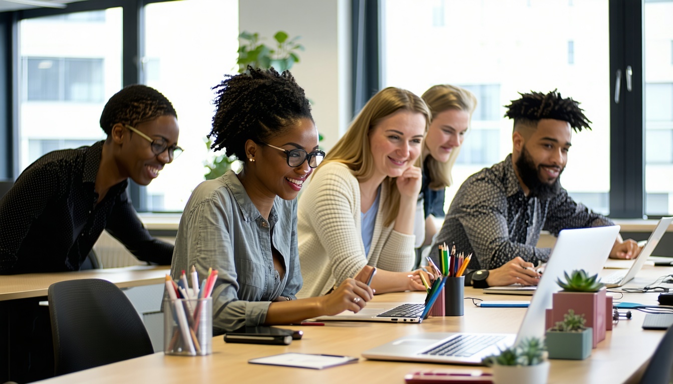 Group of smiling colleagues working together in an office, next to text reading