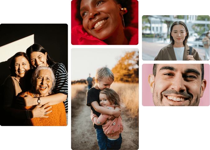 Photo collage of diverse, smiling Doctor Care Anywhere patients on a green background
