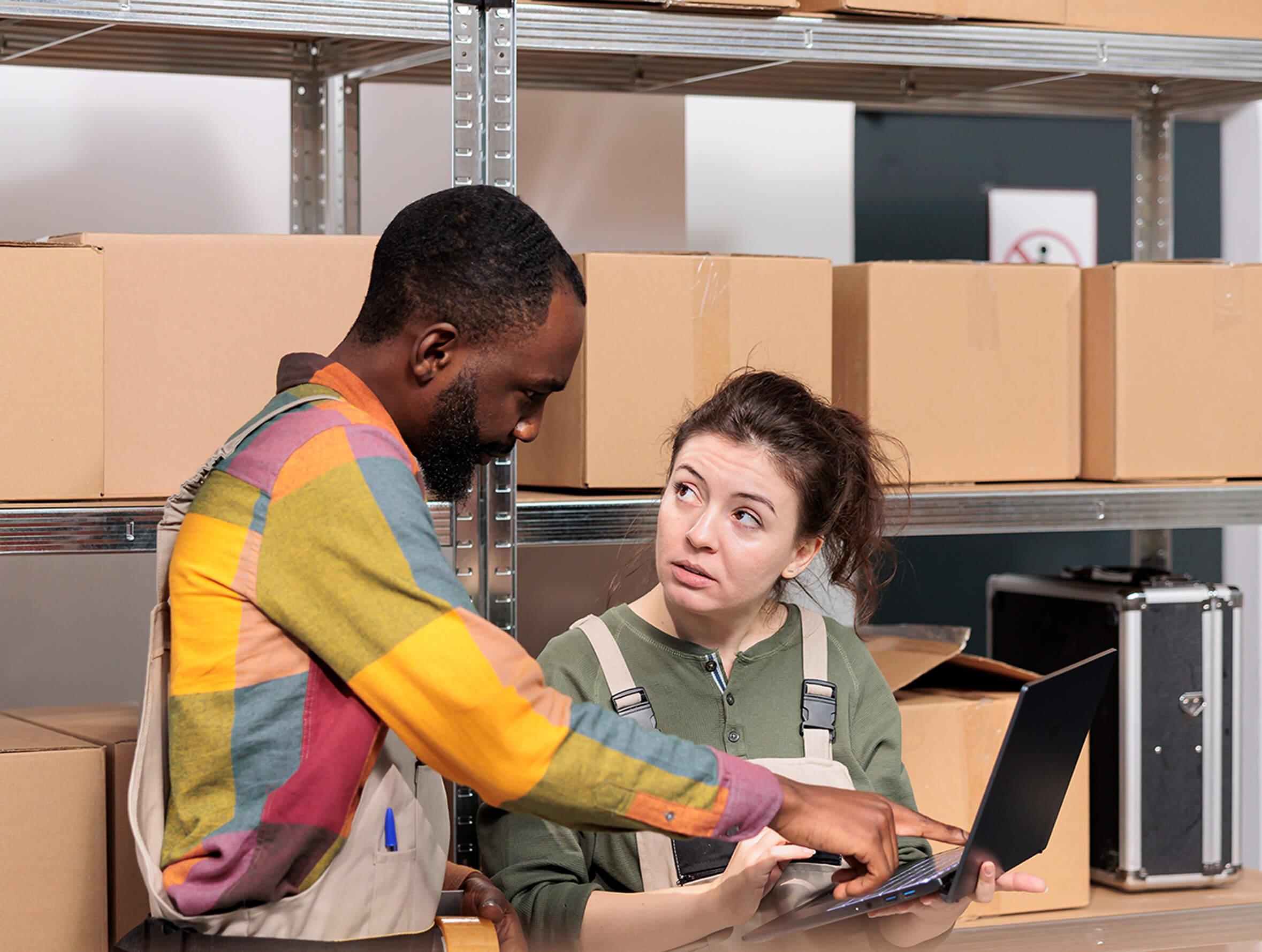 Stockroom employees discussing work