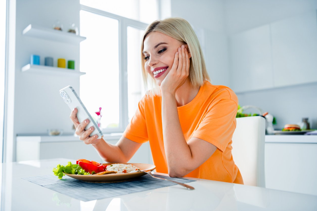 Portrait of cute cheerful person use smart phone texting