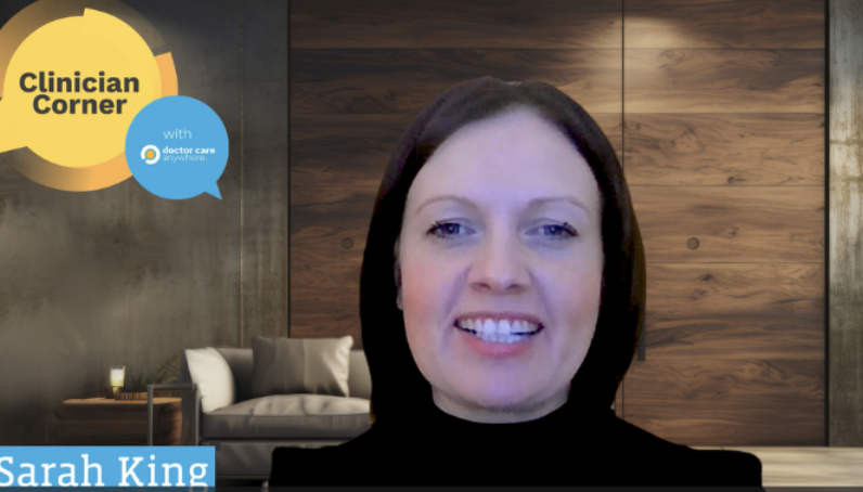 Video call still of Sarah King smiling