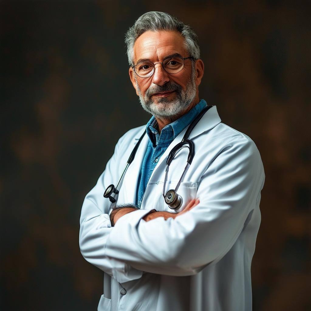 Confident male doctor in a white coat with a stethoscope, arms crossed, standing against a dark background