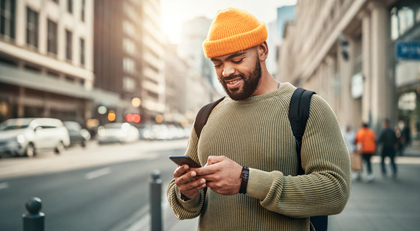 A smiling man wearing an orange beanie and backpack looks at his phone while walking on a city street.